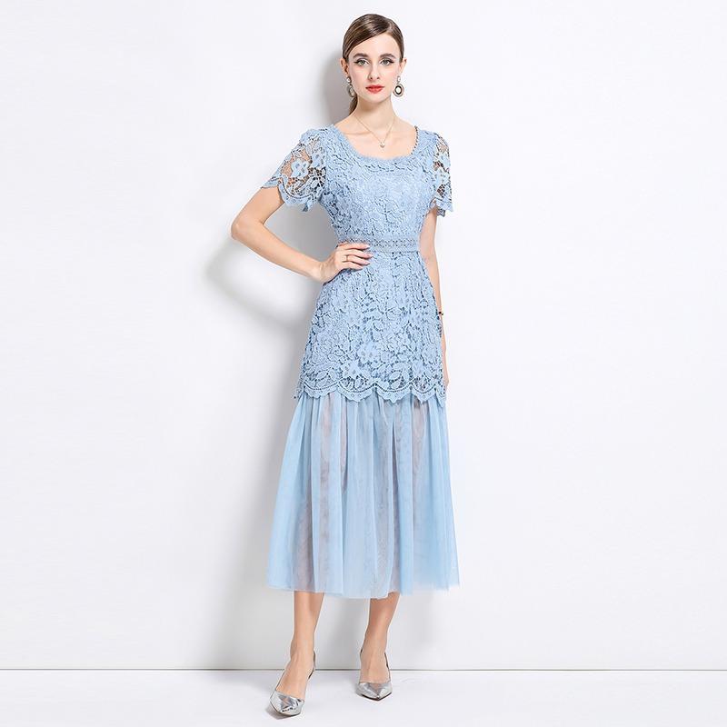 

Летние женские элегантные платья макси с длинным рукавом и облегающим силуэтом, с квадратным вырезом, цветочным водорастворимым кружевом, сетчатой вставкой, для вечеринок и выпускного вечера XXL синий