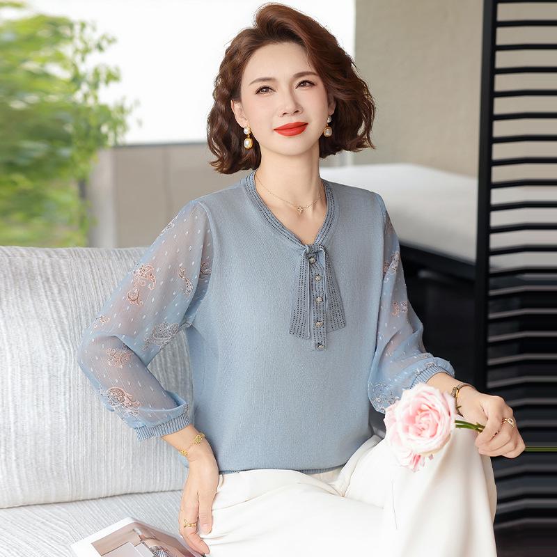 

Elegant Spring 2026 Knitted Top with Gauze Sleeves for Middle-Aged Women 3XL (Recommended 140-160 jin)