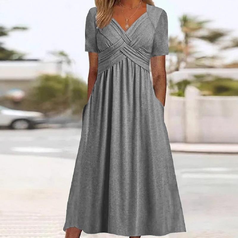 Women's V Neck Short Sleeve Maxi Dress Loose Fit High Waist Casual Summer Long Dress