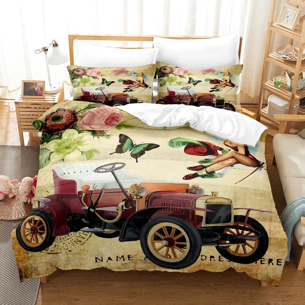 3D Design Vintage Vintage Cars Quilt Cover Kit With Pillowcase Twin Size Full Queen Size King Dimension Bedclothes Bed Linen
