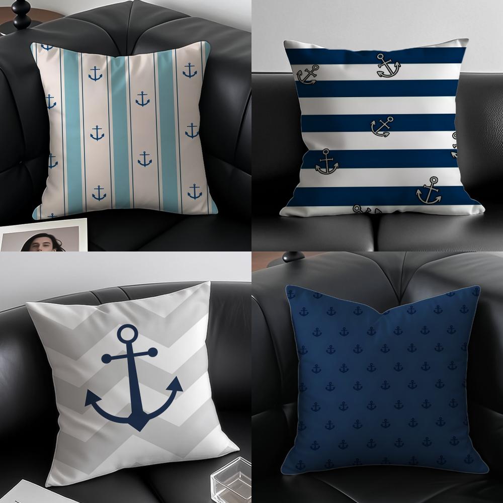 Fashion Relaxed Ocean Breeze Anchor Cushion Cover Pillow Case Antidustmite Invisible Zipper Silky Plush Cushion