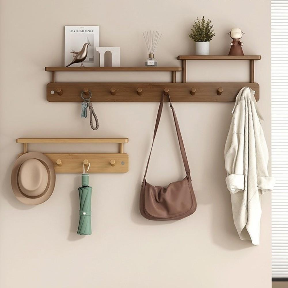 With Hooks Wall Mounted Coat Rack Storage Function Hanging Shelf Wooden Storage Rack Living Room