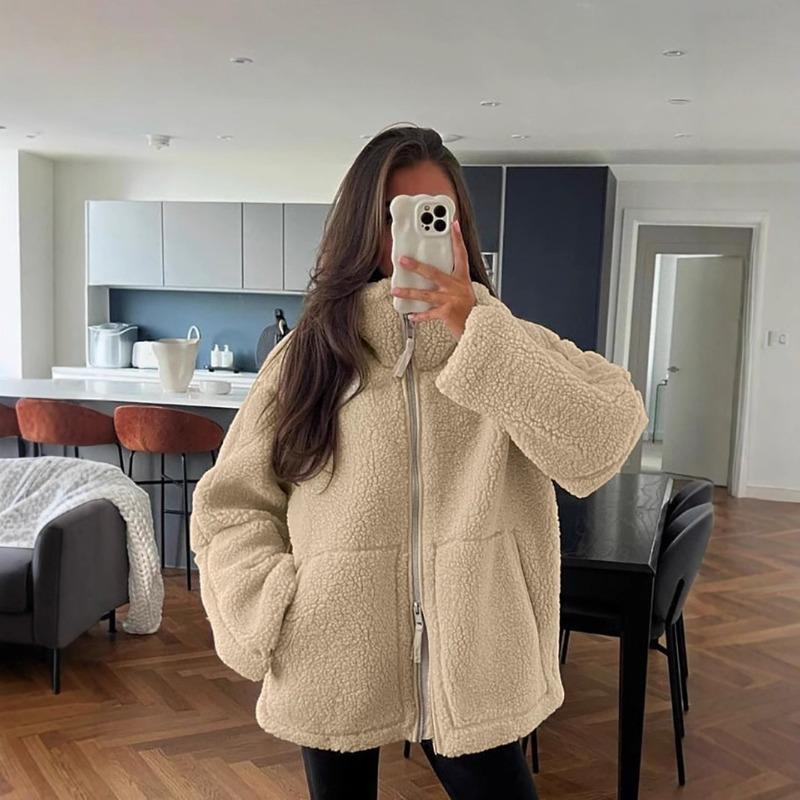 Autumn Winter High Collar Solid Color Lamb Fleece Warm Coat Women Loose Casual Zipper Outwear Cardigan Top