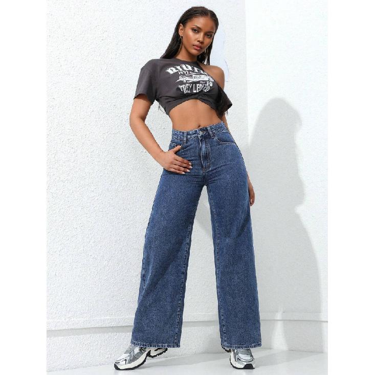 Jeans Women Vintage Wide Leg Pants Denims High Waist Washed Distressed Basics Straight Trousers Streetwear Floor Length