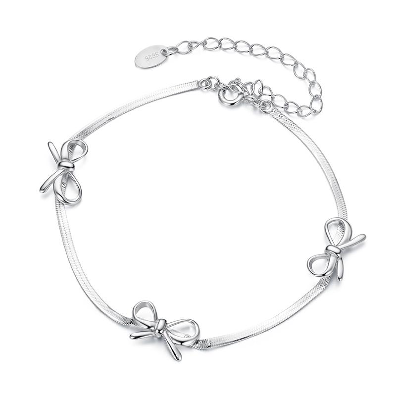 WOSTU Solid 925 Sterling Silver Sweet Bow Bracelets for Women Korean European Style Bowknot Snake Chain Bangle Chain Bracelet