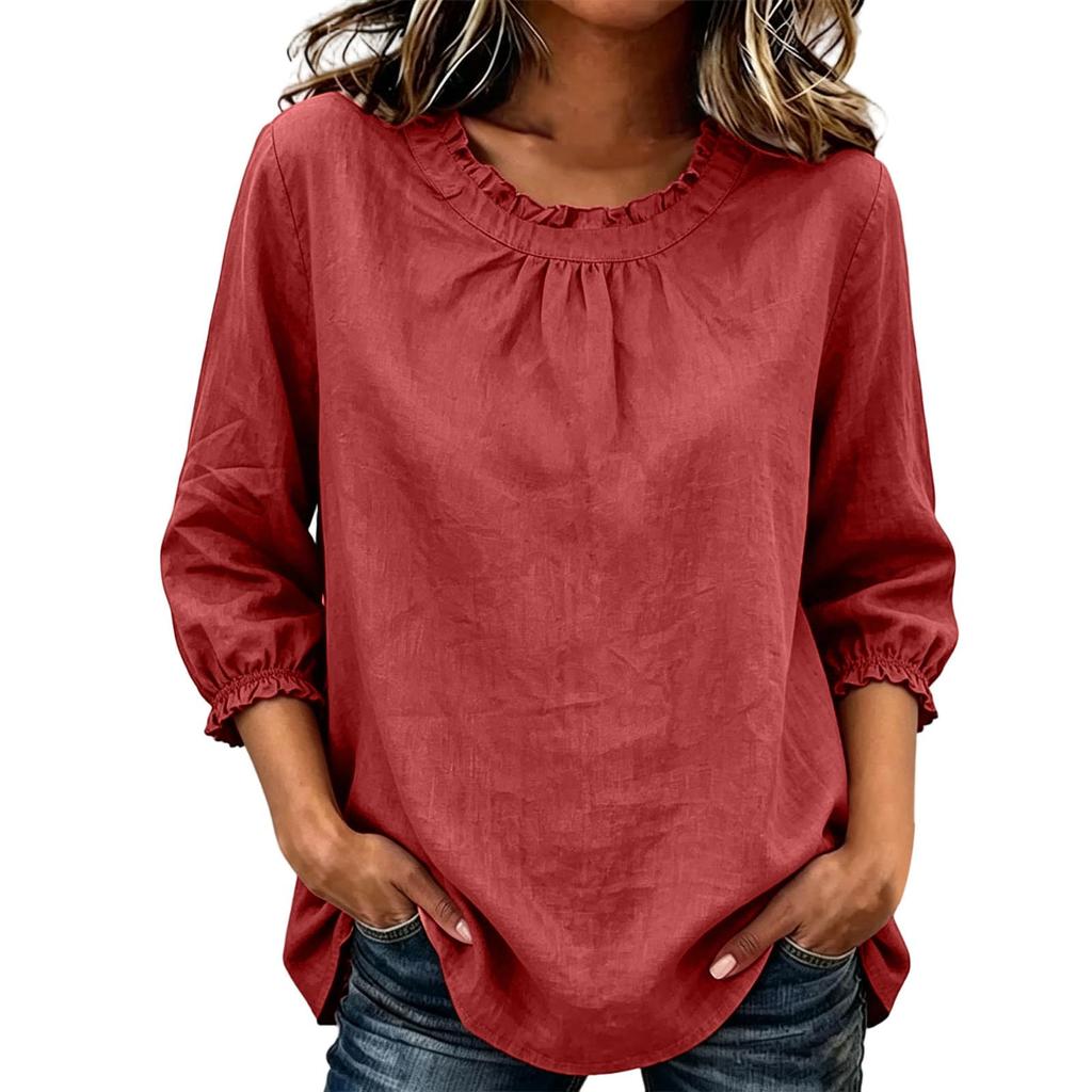 Women's Round Neck Three-Quarter Sleeve Ruffled Blouse for Casual Wear