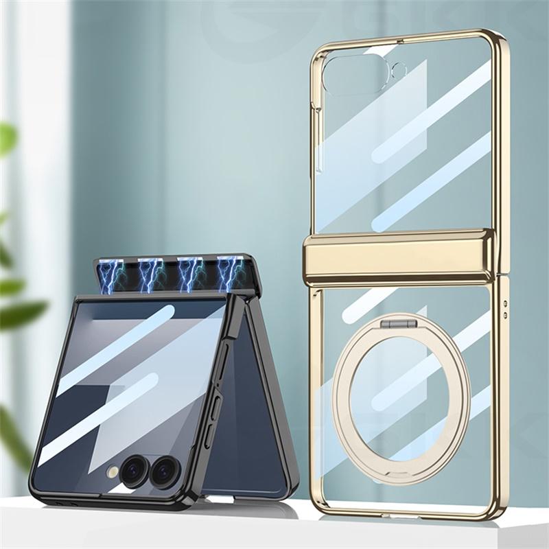Magnetic Hinge Ring Holder Case for Samsung Galaxy Z Flip 7 Luxury Plating Edge Screen Glass Hard Cover for Galaxy Z Flip7 Case
