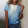 2025 New Summer Temperament Women's Floral Blue Printed Women's T-shirt Round Neck Short Sleeve Street Casual Daily Basic Tops