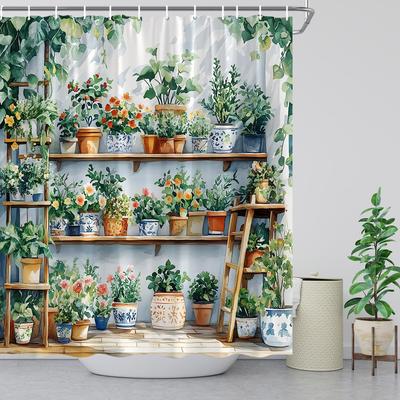 Potted Plant Shower Curtain Boho Cactus Green Botanical Rustic Tropical Leaves Watecolor Floral Succulent Spring Garden Modern