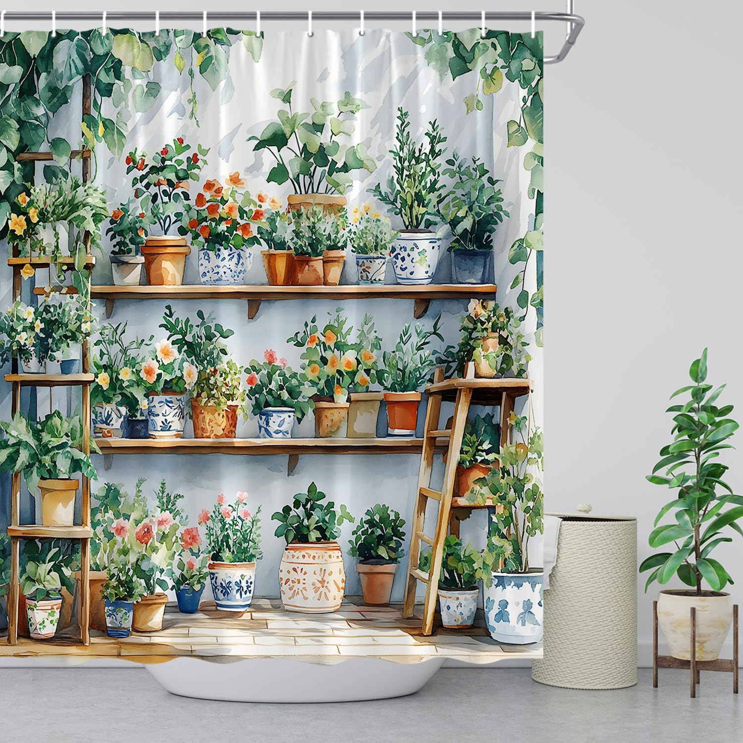 Textile Article Green Potted Plant Shower Curtain Boho Cactus Botanical Rustic Tropical Leaves Watecolor Floral Succulent Spring Garden Modern
