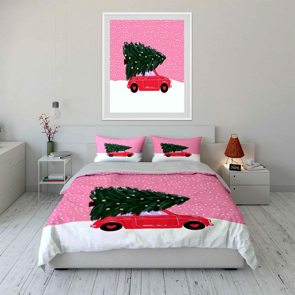 Red Car with Christmas Tree Bedding Duvet Cover Set (1*Duvet Cover 2*Pillowcases, without duvet insert)
