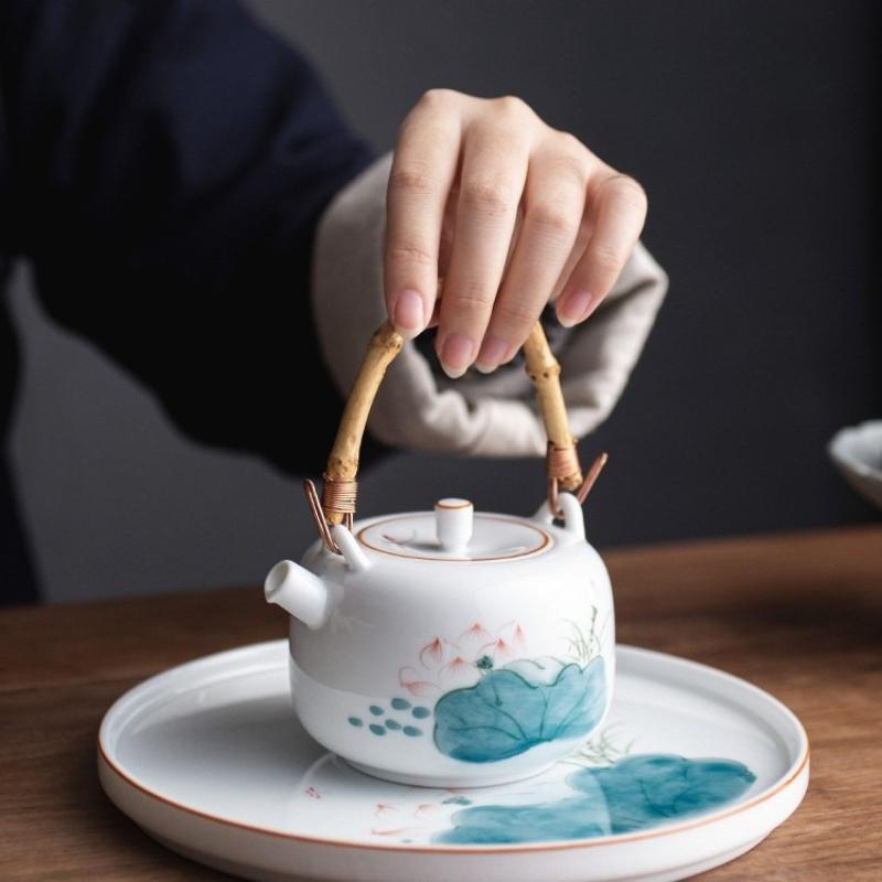 Hand Painted Lotus Ceramic Teapot with Bamboo Handle Vintage Style Portable Infuser for Home Office Gongfu Tea Brewing Gift