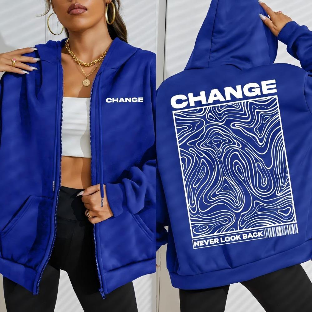 Change Never Look Back Street Graphic Print Women Zipper Hoody Autumn Hoodie Loose Casual Hoodies Fleece Woman Clothes