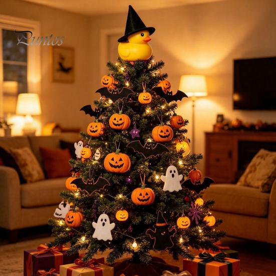 Cute Duck Ornament Halloween Tree Topper, Small Witch Topper with Trick Or Treat Metal Spring Base for Gothic Home Decor, Holiday Party Supplies