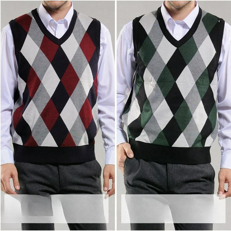 Vår och Höst Herr Ullväst Färgstickning V-hals Herr Klassisk Affärsväst Diamant College Stil Väst