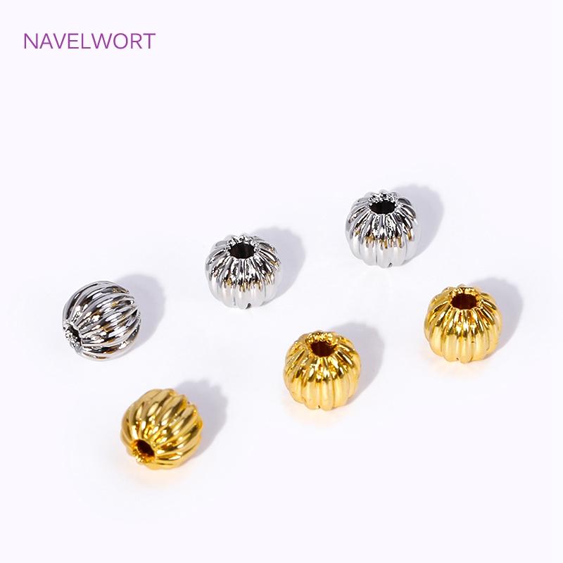 50pcs/Lot Brass 18K Gold Plated Pumpkin Spacer Beads DIY Bracelet Necklace Making Supplies Round Stripe Beads DIY Accessories
