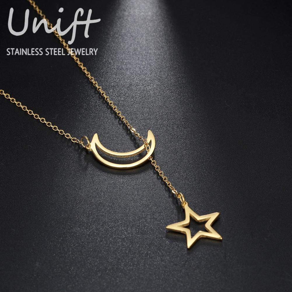 Unift Modischer Mond Stern Anhänger Halskette Einfache Edelstahl Stern Mond Schlüsselbein Kette Gold Farbe Halsketten für Frauen