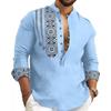 DEELMO Chemise Kurta Décontractée Manches Longues Coupe Regular Col Mandarin Mélange Coton pour Homme, Bleu Clair, L
