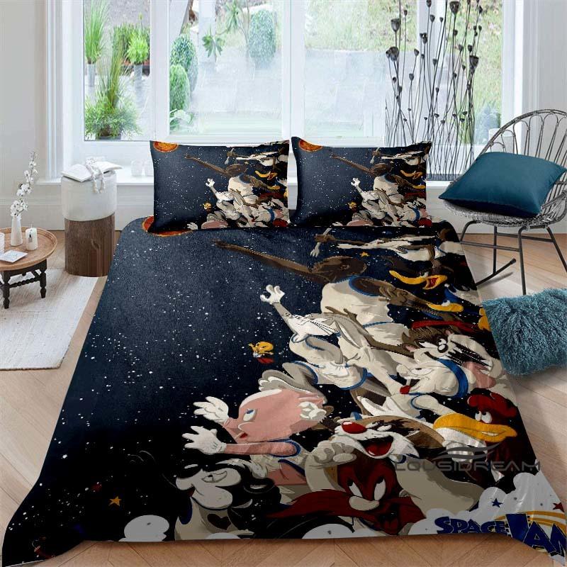 Ensemble couette et taie d'oreiller classique sur le thème du film de science-fiction Space Jam, imprimé en 3D, ensemble de literie pour enfants, décoration de chambre peut être personnalisé