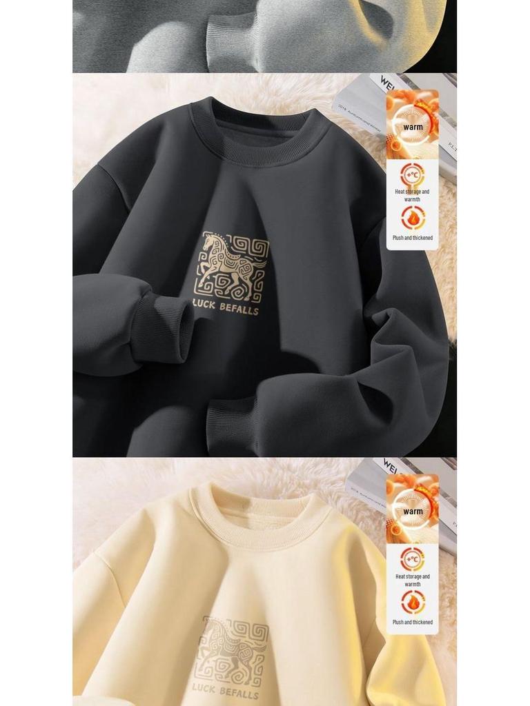 Men's Year of the Horse Red Coral Fleece Hoodie with Velvet Lining - Loose Fit, Pure Cotton, Round Neck