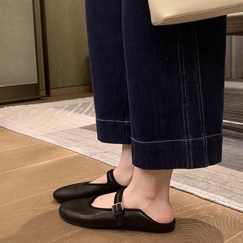 Grape Mother Spring New Round Head Simple Wind One-word Buckle with Sheepskin Soft Bottom Shallow Mouth Mary Jane Flat Sole Shoes Women
