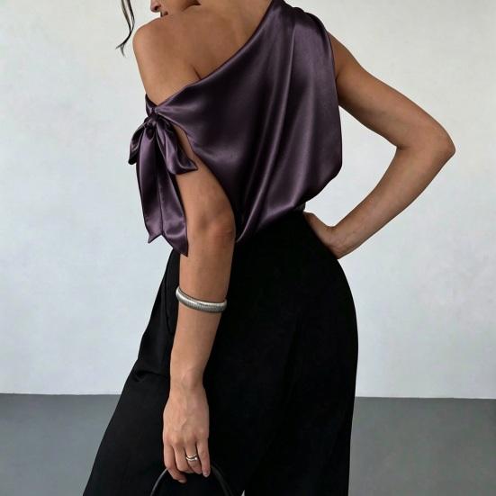Dames Blouse Schuine Schouder Asymmetrisch Off-Shoulder Strik Blouse Casual Kantoorstijl Losse Pasvorm Satijnen Tops Dagelijkse Kleding