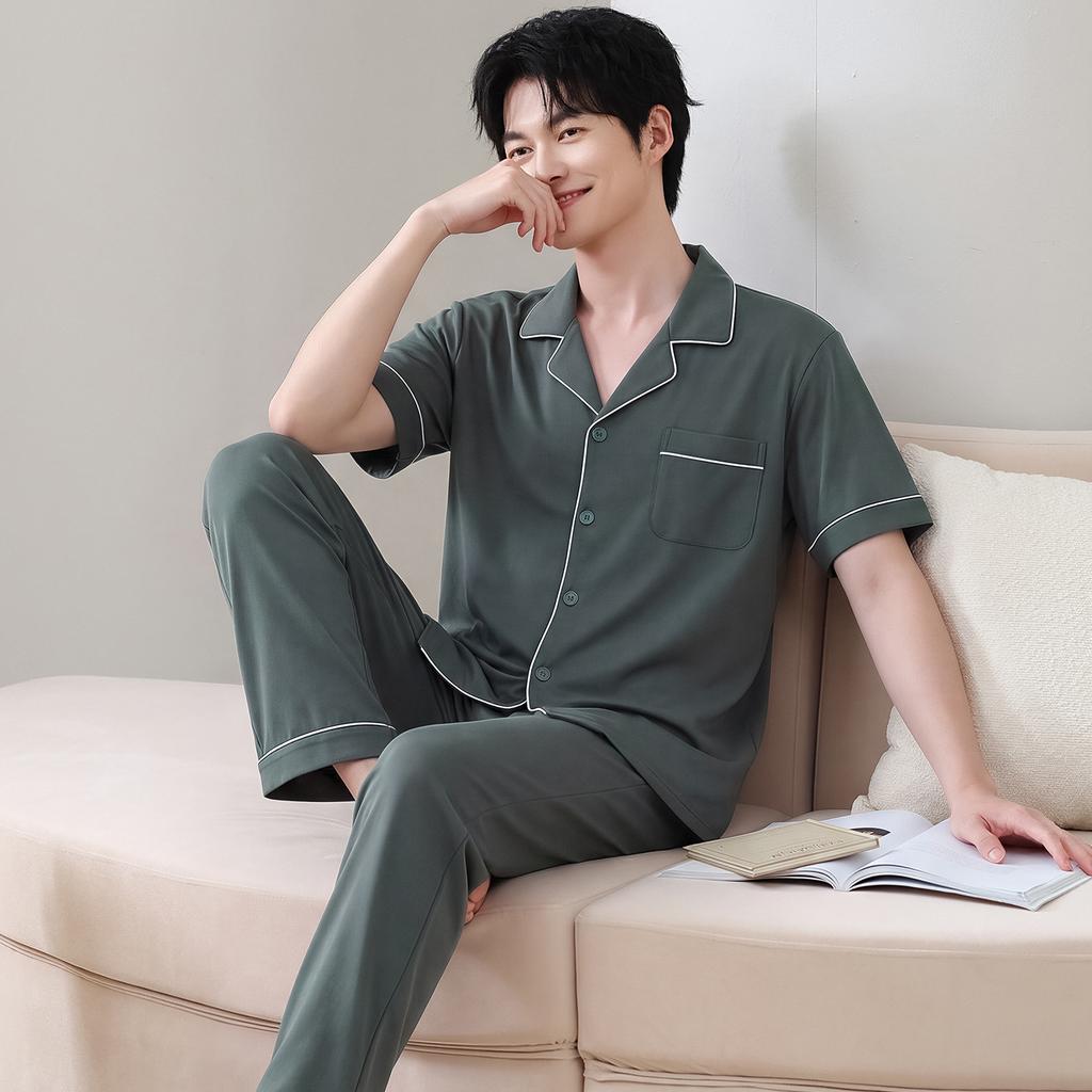 Pajamas Men's Summer Cotton Short Sleeve Trousers Thin Summer Men's Large Size Summer Cardigan Loungewear Set