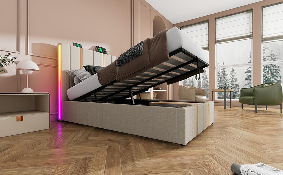Upholstered Bed USB Type C Charging Single 90x200 Storage Bed Frame, Slatted Frame Made of Wood, Beige Linen Material (With Mattress)