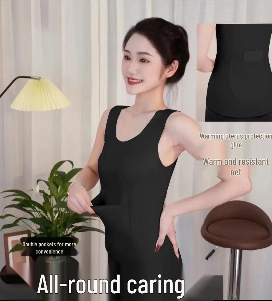Women's Seamless Brushed Thermal Fleece Vest with Double Pockets - Large Size, Belly and Waist Warming, Perfect for Autumn and Winter.