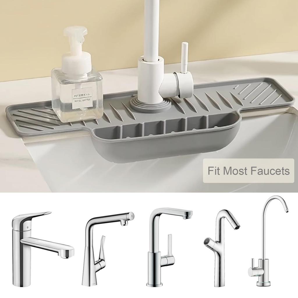 Silicone Faucet Splash Guard & Drip Tray - Non-Slip Countertop Drying Mat with Drainage Grooves - Multi-Compartment Sink Organiz