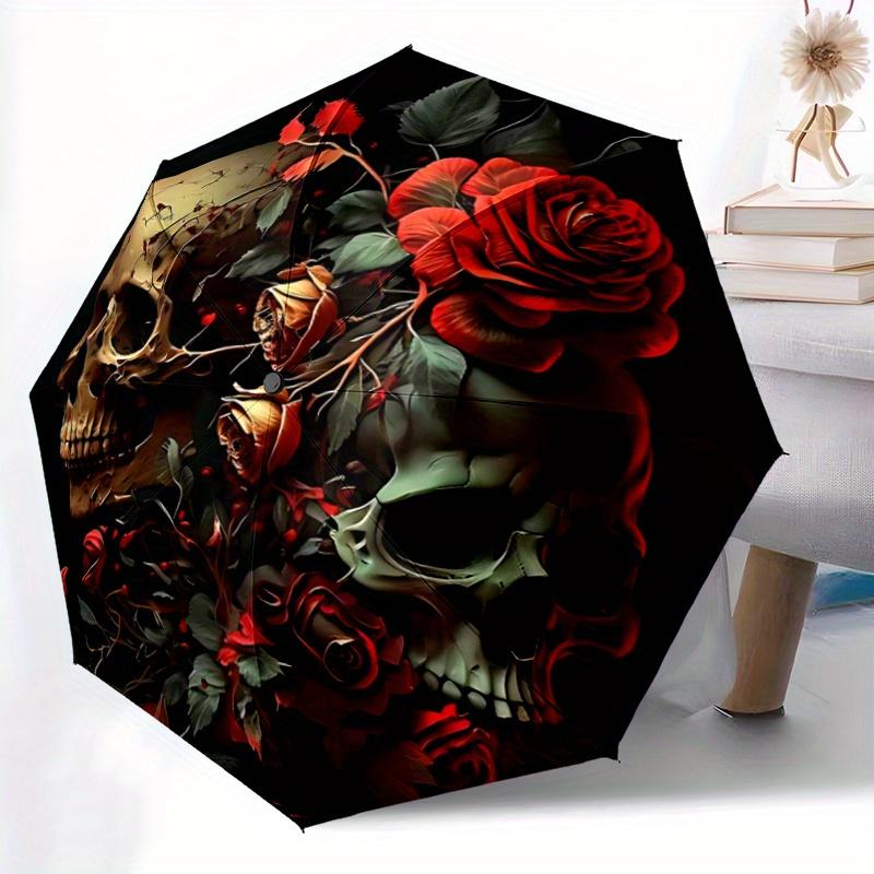 1pc Skulls in Bloom Automatic Opening and Closing Umbrella, Lightweight 3-Fold, With Cute Cartoon Characters, Suitable for Home, Outdoor and Dail