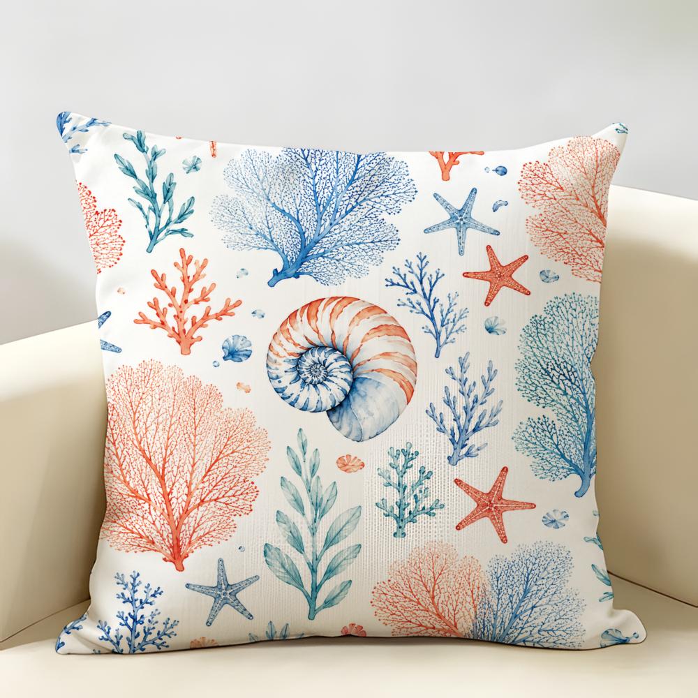 Blue White Red Ocean Animals Cushion Cover Natural Linen Organic Fabric Double-Sided Printing Breathable Perfect For Home Decor
