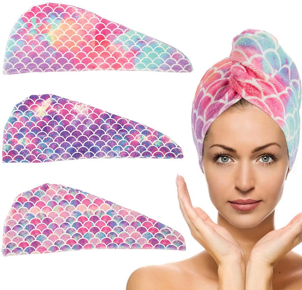 Mermaid Print Quick-Dry Hair Cap - Ultra-Fine Fiber Hair Drying Headscarf with Fish Scale Design