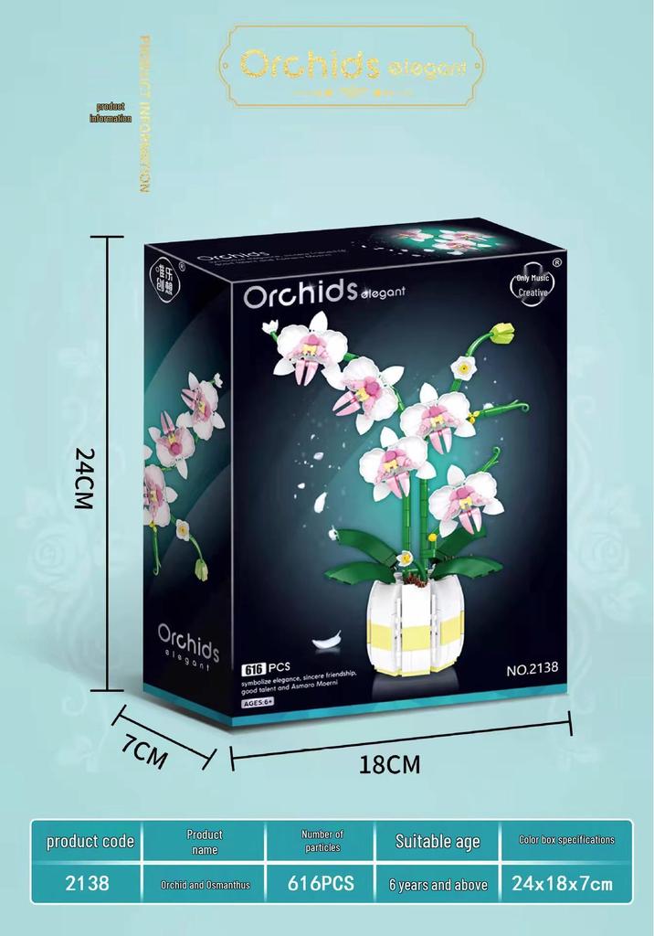 Golden Orchid Preserved Flower Bouquet Building Kit - Small Particle Assembly Display Toy for Girls.