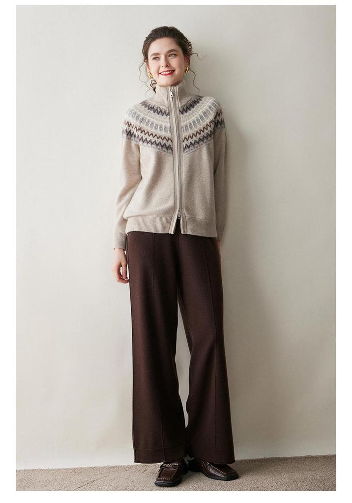 Fair Isle Jacquard Women's Color Block Cashmere Cardigan - 2025 Autumn/Winter Lapel Zipper Jacket
