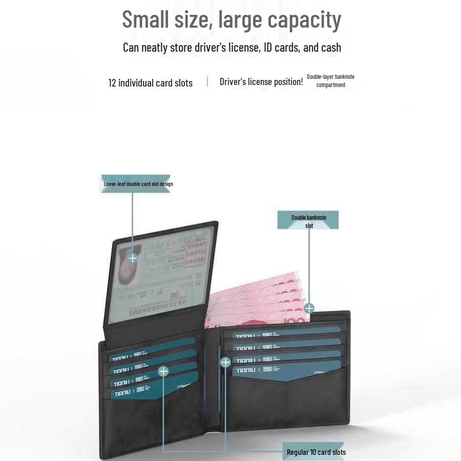 Genuine Leather Men's Wallet: Anti-Theft, Anti-Demagnetization, Large Capacity, with Driver's License and Card Holder.