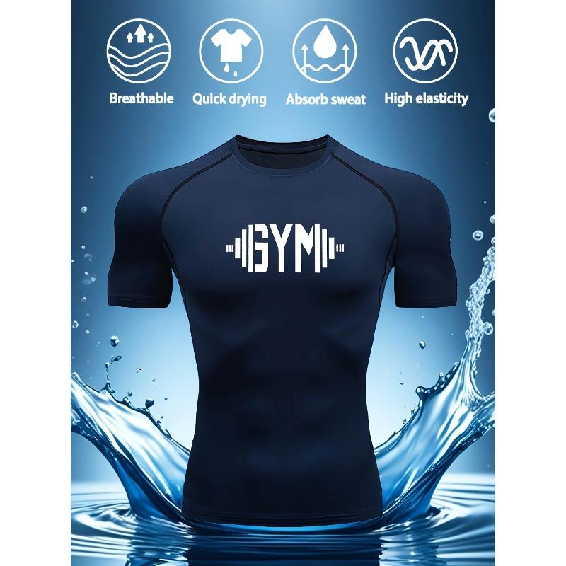Men's White Compression T-Shirt with Black GYM Dumbbell Print Elastic Quick Drying Breathable Moisture Wicking Gym Workout & WeightliftingTraining Top