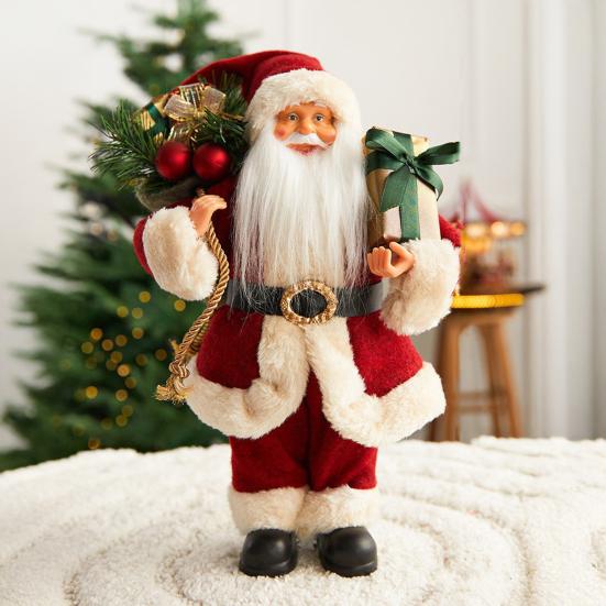 12" Christmas Santa Figurines Standing Santa Claus Doll with Present Box for Holiday Party Window Home Desktop Decoration