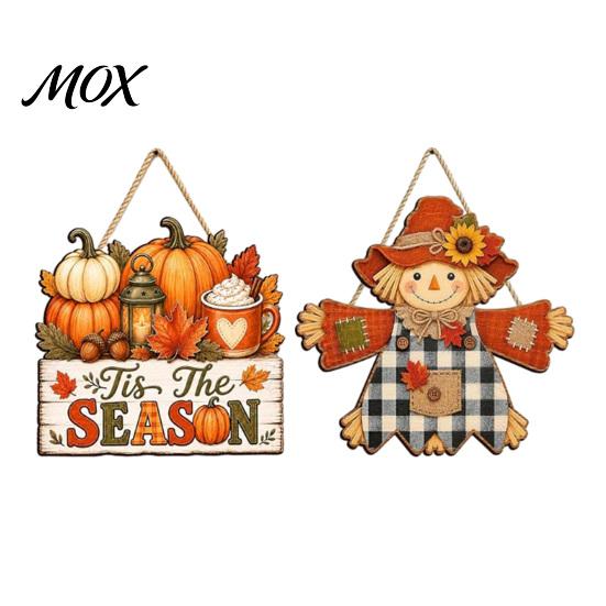 Fall Farmhouse Decorations Wooden Hanging Sign, Autumn Scarecrow & Pumpkin Maple Leaf Door Rustic Harvest Party Supplies Hanger, Thanksgiving