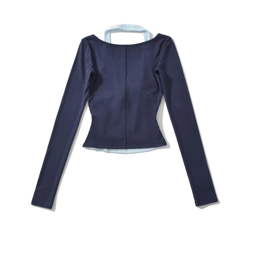 American Spicy Girl Colorblock Twisted Long Sleeve Contrast Halter Shirt - Women's Spring/Autumn Slim Fit 