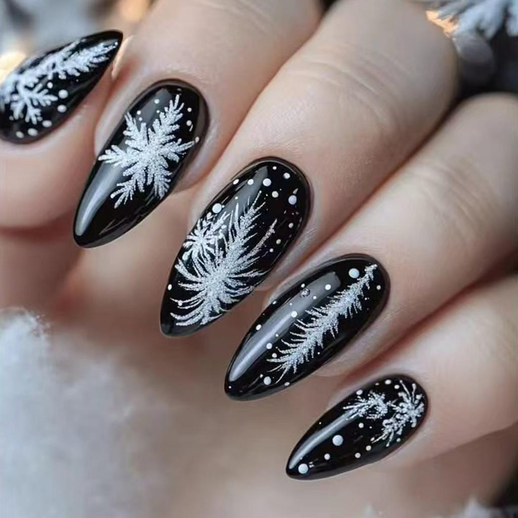 24Pcs Christmas Snowflake False Nails with Black Mysterious Design for Party and Holiday Use