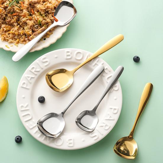 Stainless Steel Square Head Soup Spoon Flat Bottom Anti-Spill Soup Ladle Thickened Ergonomic Handle