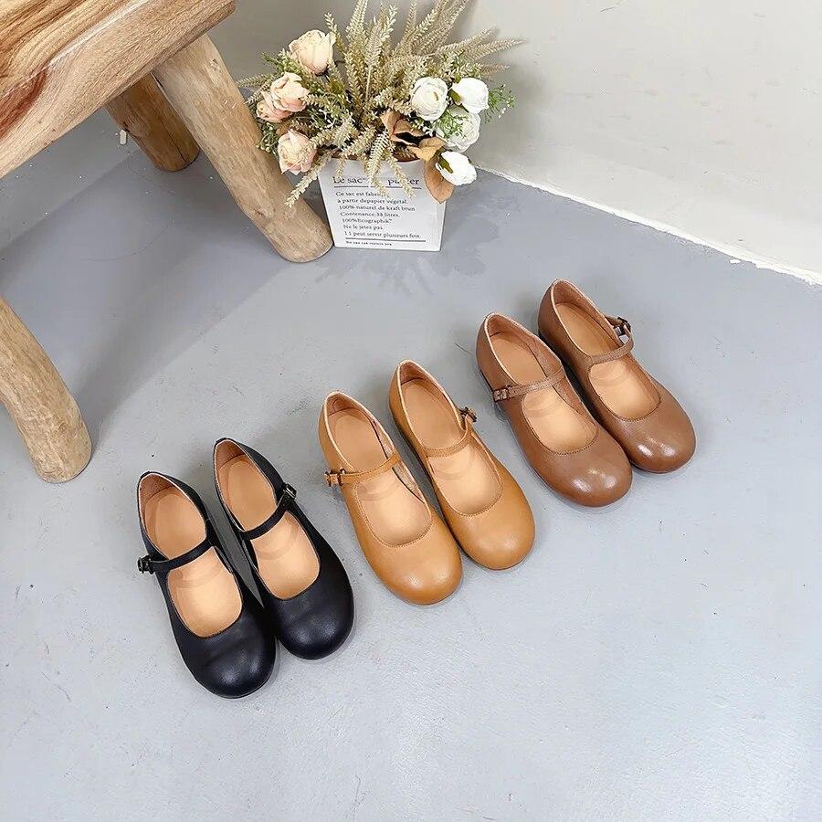 Johnature Genuine Leather Shallow Buckle Low Heel Shoes Solid Color Round Toe Versatile Women's Pumps