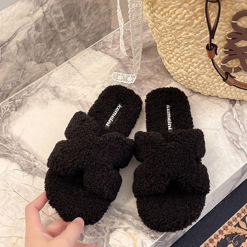 Mao Mao Slippers Women Wear Autumn and Winter 2025 New Super Fire Internet Celebrity Teddy Wool Flat Lamb Wool One-word Cotton Mop