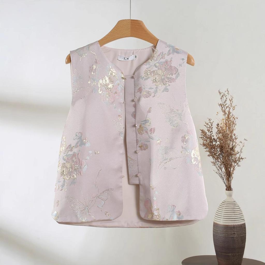 Vintage Schnalle kleiner runder Ausschnitt Jacquard Brokat Webart goldbestickte Weste Damen Frühlingsoberteil