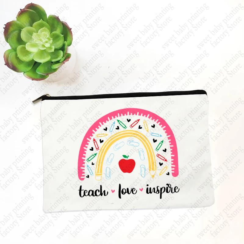 Teach Love Inspire Teacher Makeup Cosmetic Bags  Back To School Gift Beauty Cases Pencil Pouch Organizer Storage Box Mini Purse