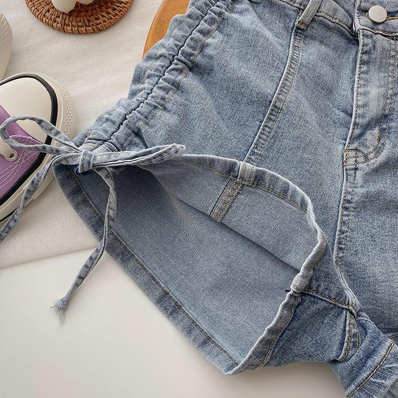 Modaya Uygun Çok Yönlü İpli Yüksek Belli Streç Denim Şort Kadın Pilili Pantolon Yaz Tasarımı Yüzde Yüz Uyumlu İnce Geniş Paça Pantolon