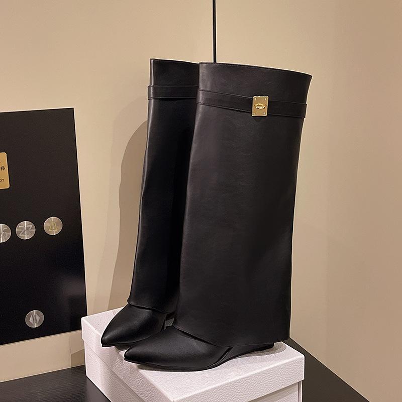 2025 Autumn and Winter New Pointed Big Tube Circumference Lock Shark Buckle Straight Tube Medium Long Boots Wedge Trouser Tube Boots Women