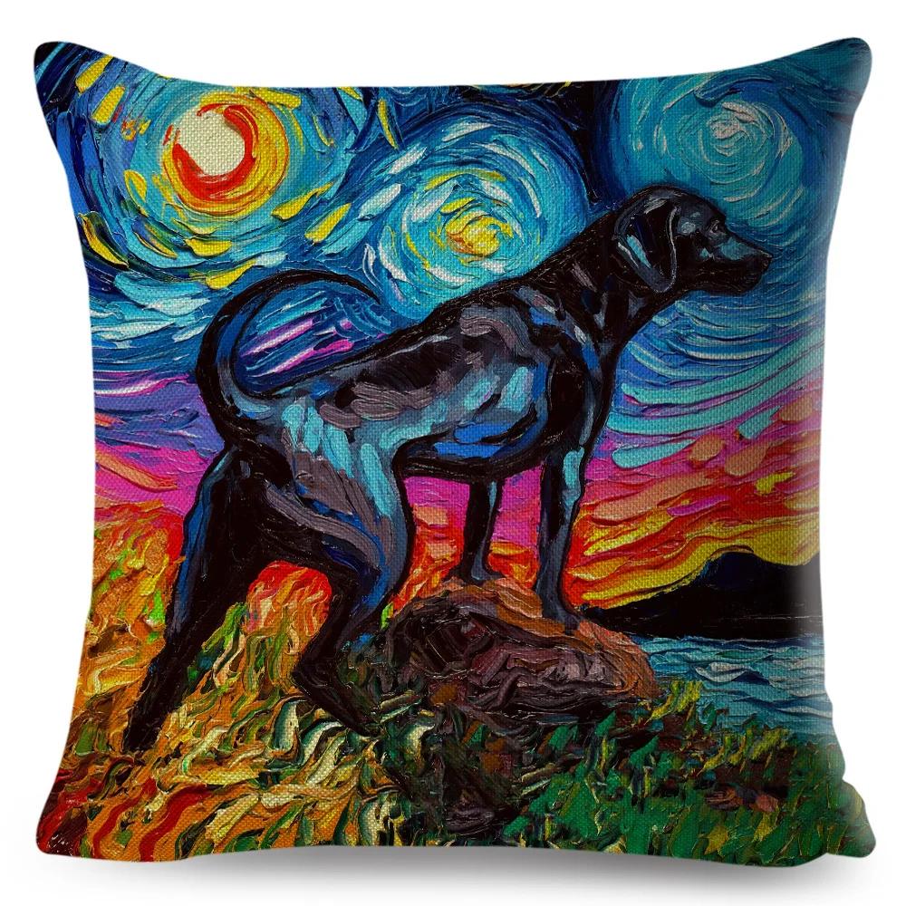 Both Sided Starry Sky Dog Cushion Cover Decor Oil Painting Cartoon Pet Animal Pillow Case for Sofa Home  Linen Pillowcase