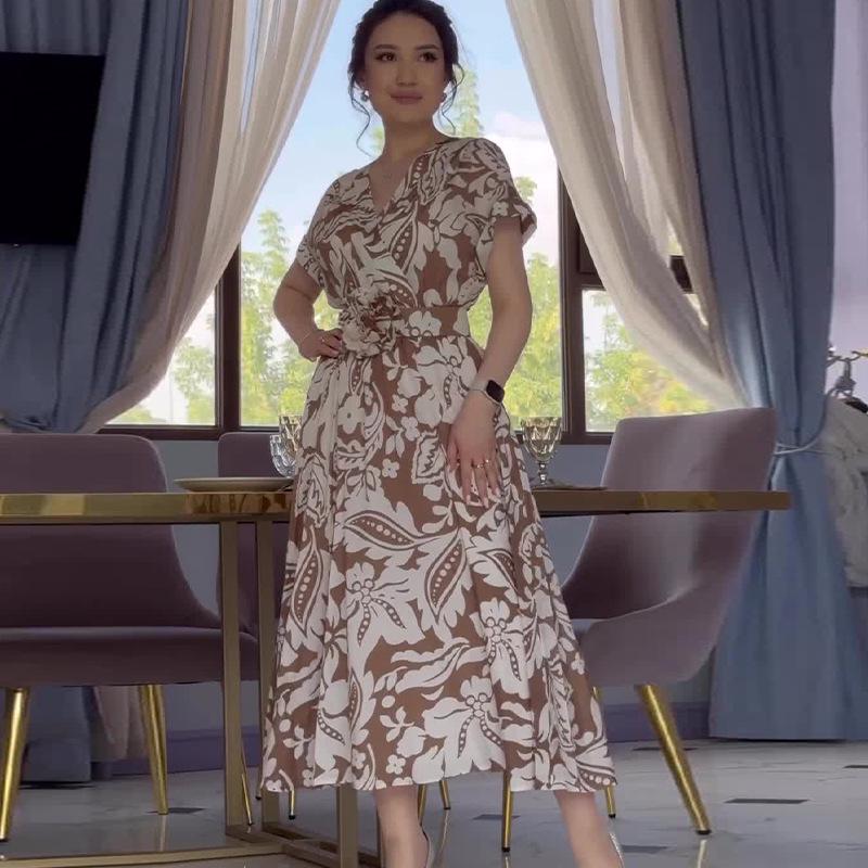 2024 Summer European & American Women's Fashion Print V-neck Waist-tie Dress